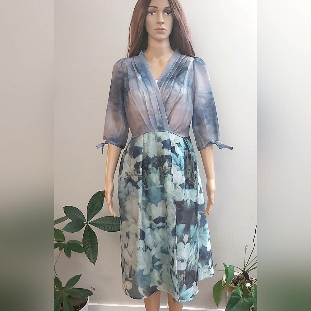 NWOT Floral sheer midi summer dress beach cover blue teal green half sleeves